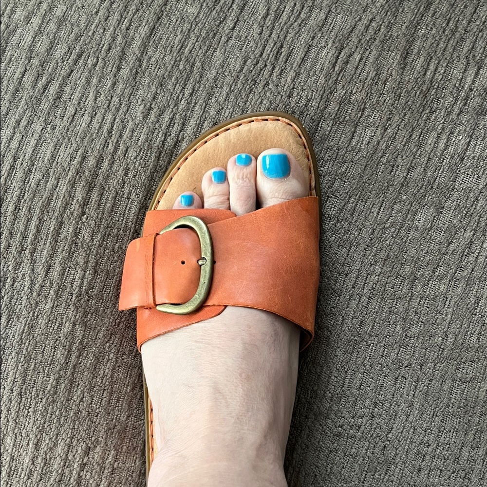 Born Papaya Orange Leather Slide Mules with Brass Buckles - Excellent Condition